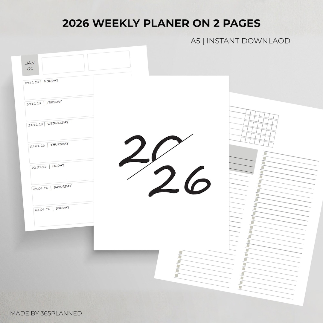2026 Weekly Planner PDF Printable A5 Monday & Sunday Start English ...