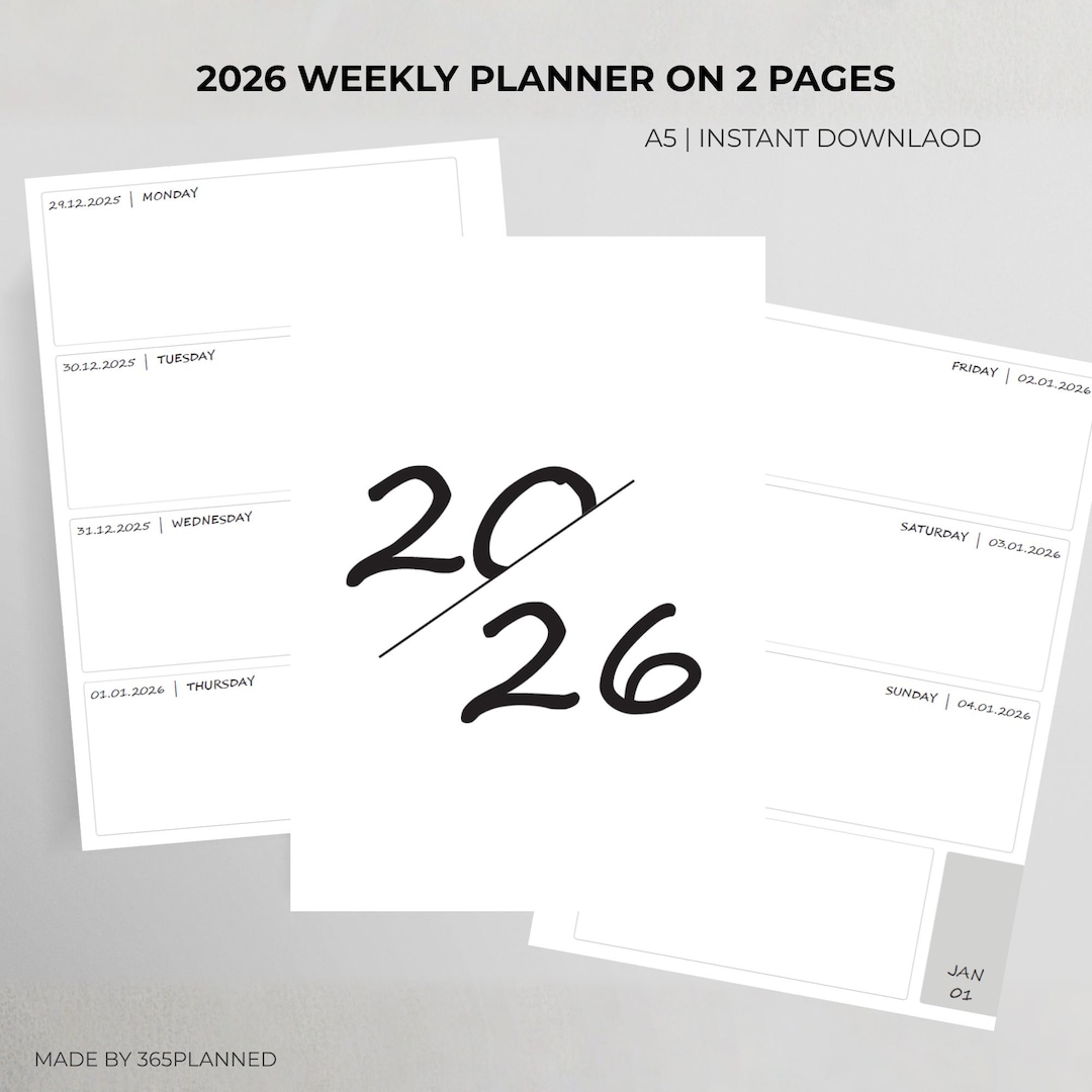 2026 Weekly Planner PDF Printable A5 Horizontal Layout Monday & Sunday ...