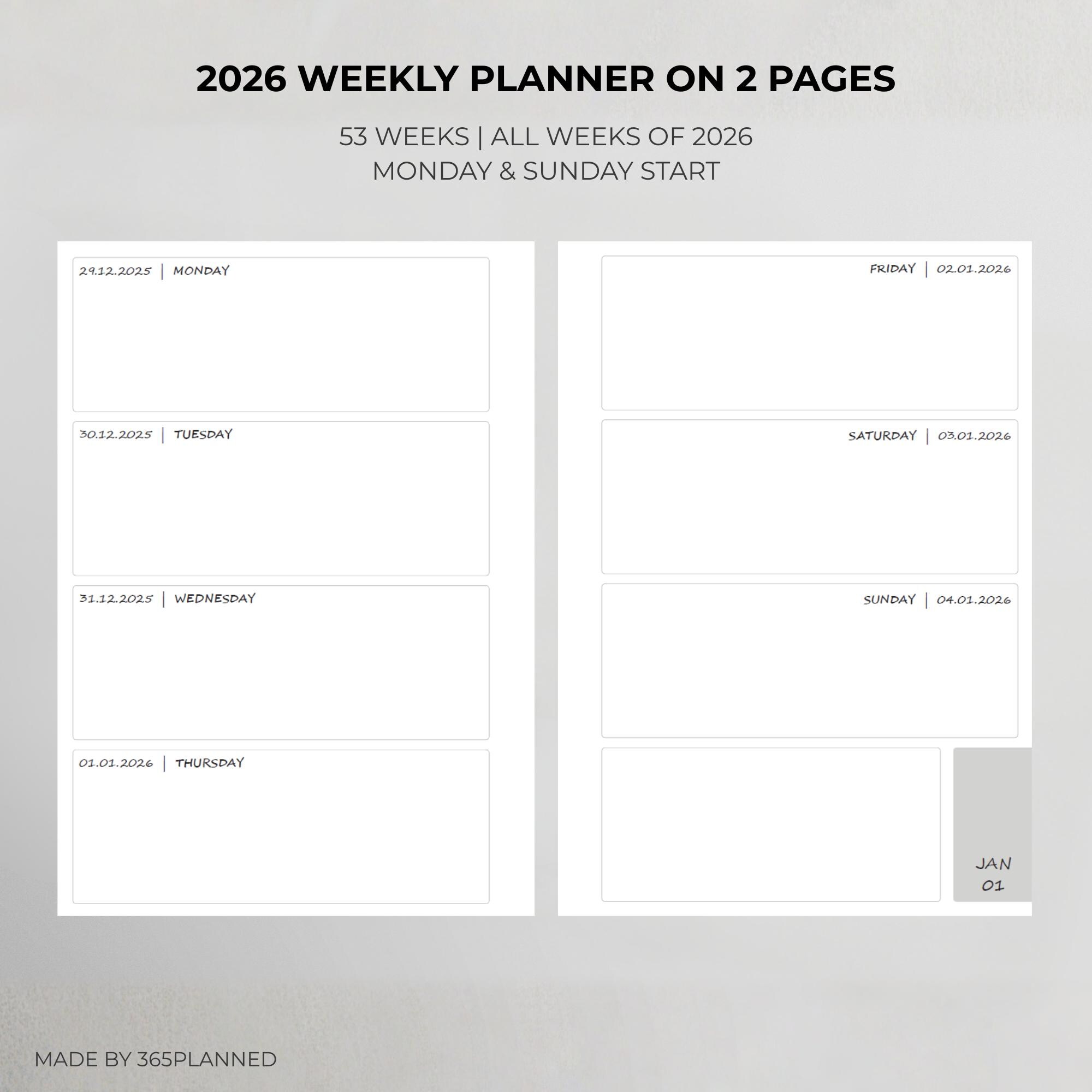 2026 Weekly Planner PDF Printable A5 Horizontal Layout Monday & Sunday ...