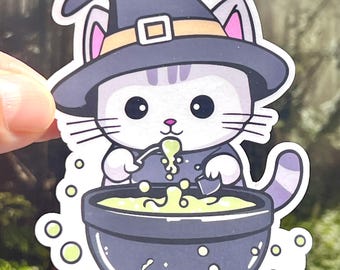 Witch Cat Halloween Sticker: Kawaii Witches Brew Cauldron Vinyl Sticker