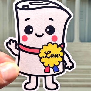 May include: A sticker featuring a cartoon scroll with a smiling face, rosy cheeks, and a red ribbon. It has a yellow flower-shaped badge with the word "Law" on it. The sticker is held in front of a building with columns.