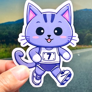 May include: A purple cartoon cat wearing a white running uniform with the number 7 on it. The cat is running with a happy expression on its face.