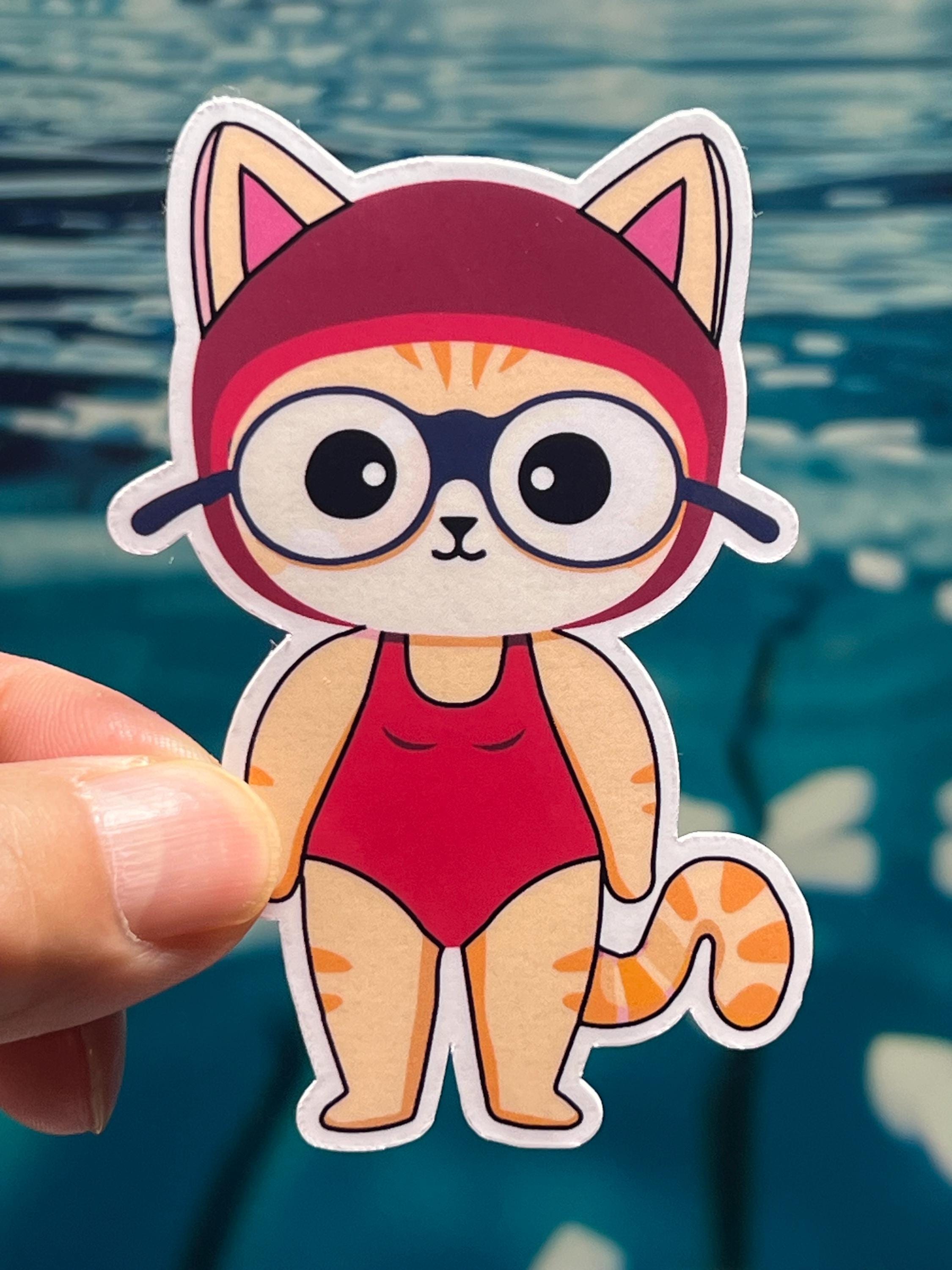 Scuba Cat Sticker Red Swimming Cat Waterproof Vinyl Sticker UV Car Decal and Funny Cat ...