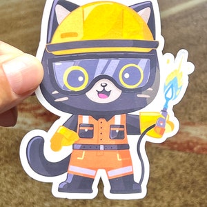 Welder Cat Sticker | Cute Construction Cat in Hard Hat Sticker | Welding Cat | Water Bottle Sticker | Kawaii Design | Metal Worker bild 1
