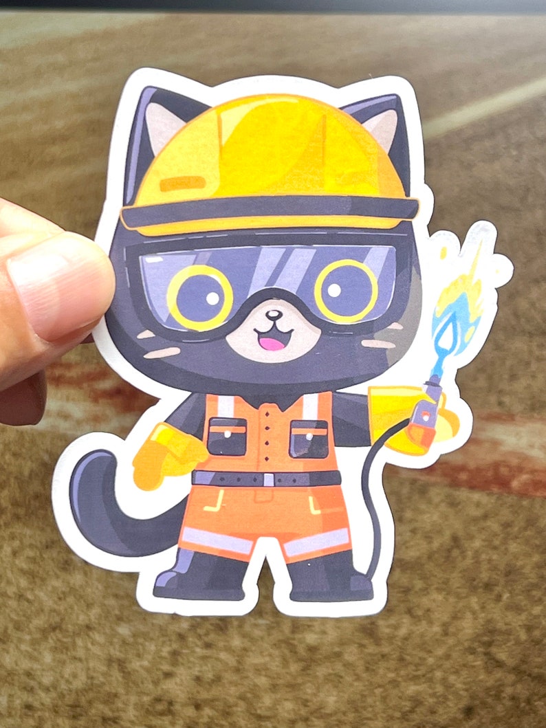 Welder Cat Sticker | Cute Construction Cat in Hard Hat Sticker | Welding Cat | Water Bottle Sticker | Kawaii Design | Metal Worker bild 1