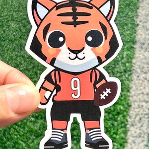 Cincinnati Bengals Tiger Sticker with Orange Jersey- Joe Burrow 9- Kawaii Style Tiger- Cincinnati Bengals Fans- Cartoon Football Tiger