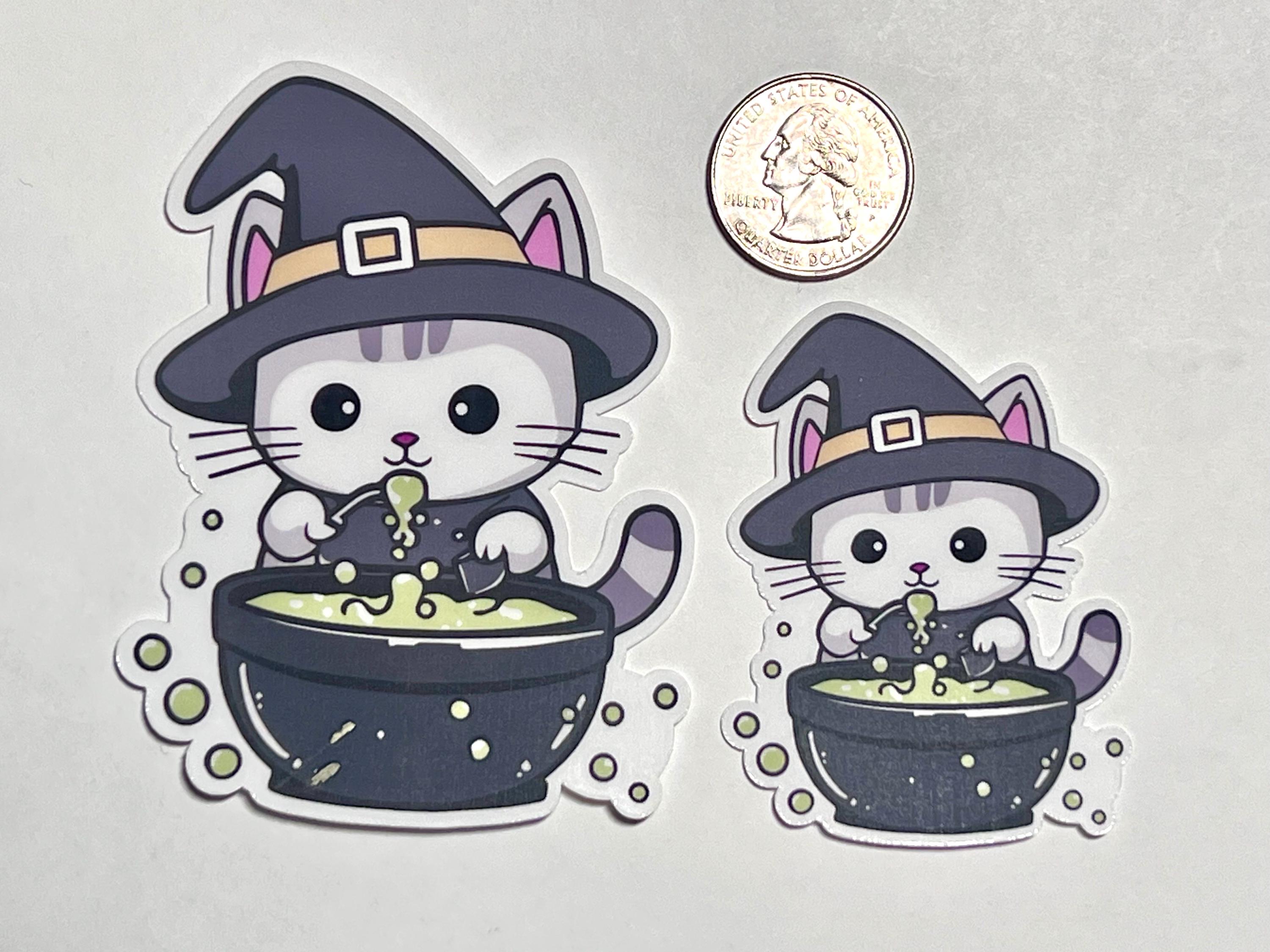 Witch Cat Halloween Sticker: Kawaii Witches Brew Cauldron Vinyl Sticker ...