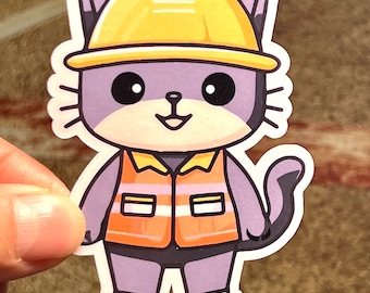 Construction Cat Vinyl Sticker: Kawaii Builder in Hard Hat