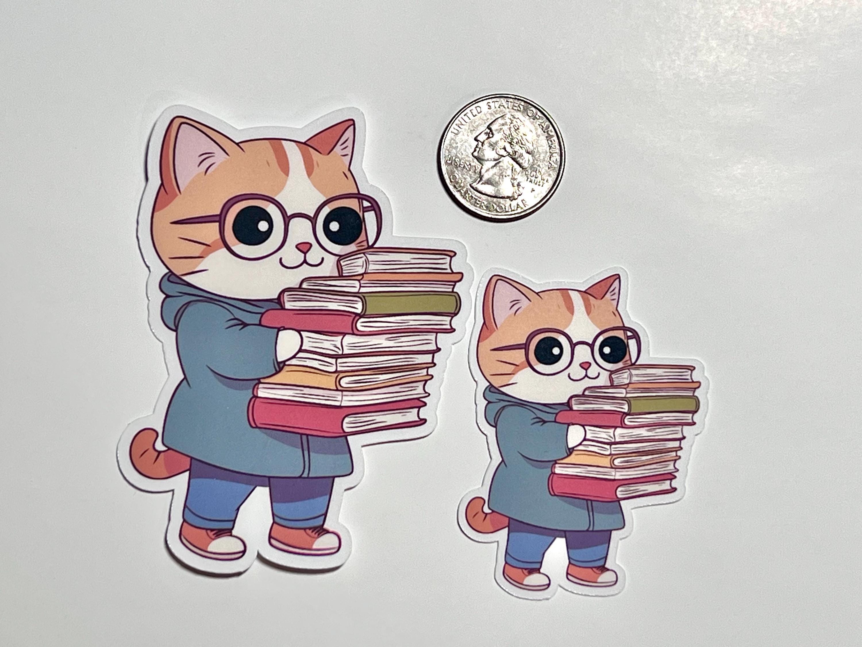Library Cat Sticker | School Kitty Carrying a Stack of Books | Kawaii ...