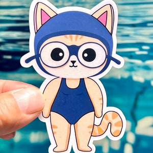 Pegatina de vinilo impermeable con diseño de niña nadando y gato, resistente a los rayos UV, para coche y regalos para nadadores.