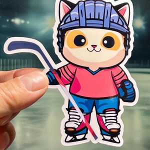 May include: A cartoon cat wearing a blue hockey helmet and pink jersey, holding a hockey stick. The cat is wearing blue pants and white skates. The background is a blurry image of an ice rink.