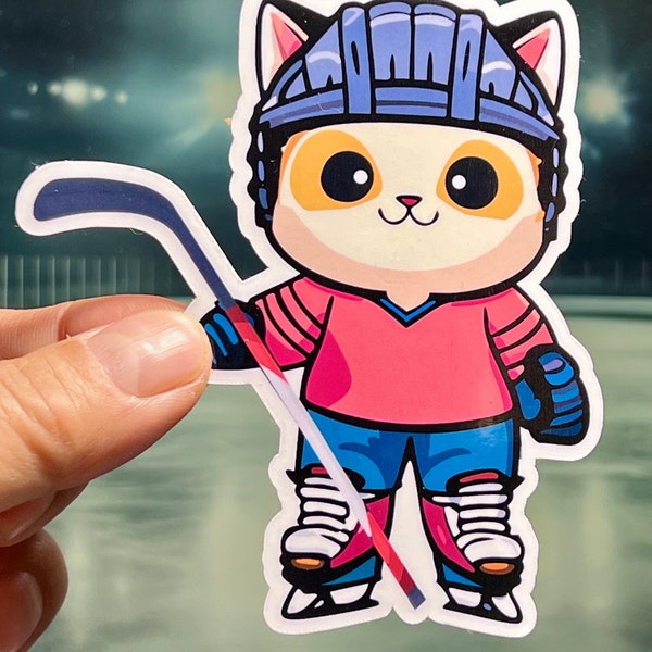 Hockey Cat | Cat Playing Ice Hockey Sticker | Kawaii Kitty | Ice Hockey Player | Waterproof Vinyl Sticker | Hockey Love | Cat on Skates