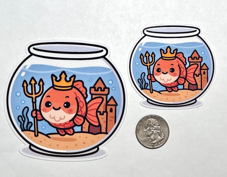 May include: Two stickers featuring a cartoon goldfish wearing a crown and holding a trident inside a fishbowl. The fishbowl has a castle and seaweed in the background. The goldfish is orange and the fishbowl is clear.