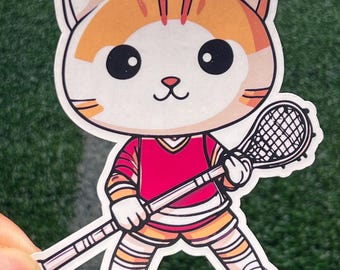 Lacrosse Cat Red Sticker | Cute Cat Playing Lacrosse | Water Bottle Sticker | Women's and Mens Lacrosse Team Gift | Sports Sticker