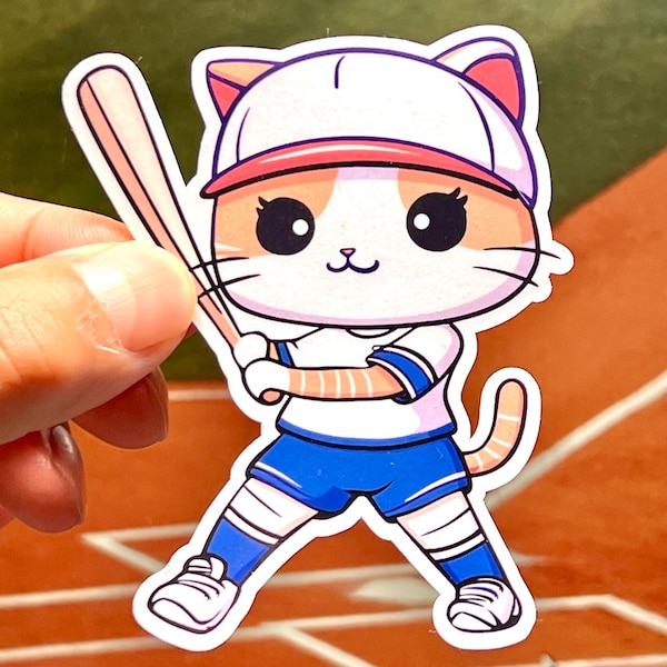 Softball Cat Sticker | Cat Playing Softball Swing Bat Vinyl Sticker | Waterproof Vinyl Sticker | Softball Player Gift | Women's Softball