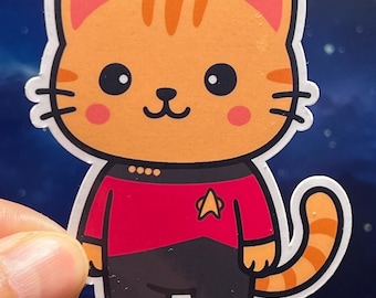 Star Cat Red Shirt Sticker: Retro Sci-Fi Space Explorer Kitty TNG