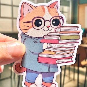 May include: A cartoon illustration of a cat wearing glasses and a blue jacket, holding a stack of books. The cat has orange and white fur.