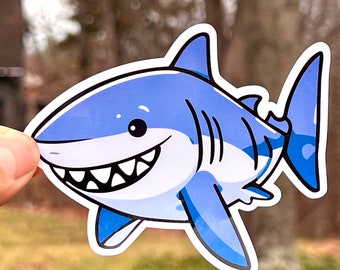 Blue Shark Sticker | Cute Smiling Cartoon Shark Decal |  Waterproof Vinyl Sticker | Kawaii Sticker | Shark Lovers | Water Bottle Sticker