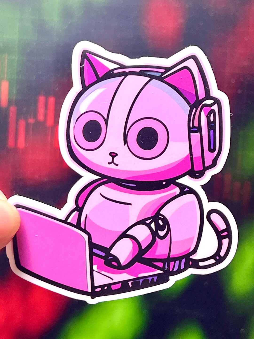 Pink Robot Cat Waterproof Vinyl Sticker for Gaming Laptops Ipads and ...