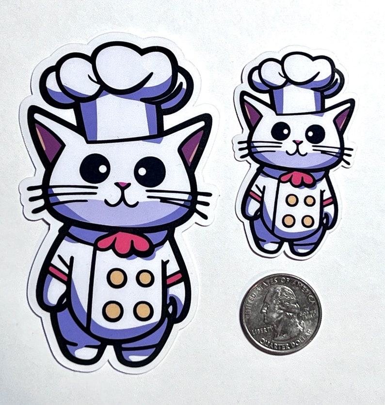 May include: Two cartoon chef cat stickers. The larger sticker is white with a purple body and a pink bow. The smaller sticker is white with a purple body and a red bow. Both stickers have a white chef hat and a yellow button design.