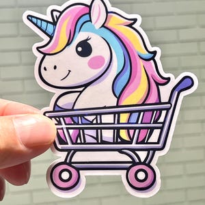 Unicorn in Shopping Cart Sticker | Shopping Unicorn Sticker | Waterproof Vinyl Sticker | Kawaii Design | Unicorn Lover | Unicorn Gift