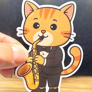 Saxophone Cat Sticker | Saxophone Kitty Orchestra Concert Jazz Band Vinyl Sticker | Water Bottle Sticker | Saxophone Lessons/Teacher Gift