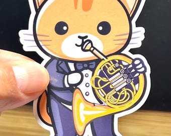 French Horn Cat Vinyl Sticker: Orchestra Musician Gift