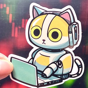 May include: A sticker featuring a cartoon robot cat with yellow and white fur, wearing headphones and working on a laptop. The cat has large yellow eyes and is set against a blurred background.