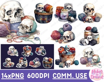 Skulls and Yarn Clipart Crochet Image Discount Bundle Funny Knitting PNG Knitting Quote Yarn Ball PNG for crafting Sublimation design PNG