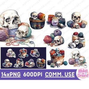 Skulls and Yarn Clipart Crochet Image Discount Bundle Funny Knitting PNG Knitting Quote Yarn Ball PNG for crafting Sublimation design PNG