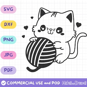 Kawaii Cat Yarn Clipart cute baby cat clip art yarn svg crochet image knitting PNG SVG DXF Pdf Jpg cat cutfiles Cricut cat mom design shirt