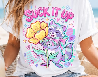 Suck It Up Buttercup PNG, Funny Sarcastic Quote Design, Striped Floral Summer Shirt PNG, Trendy Raccoon Tee Digital Download Dtf Graphic