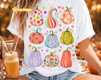Colorful Pumpkin PNG, Whimsycal Fall Pumpkin Collage Sublimation Design, Cute Polka Dot Floral Pumpkin Shirt Autumn Dtf Graphic Digital