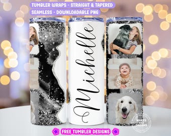 May include: A set of three tumbler wraps featuring a black and white glitter design, a name, and a photo collage. The photo collage includes a dog, a baby, and a woman. The tumbler wraps are designed for straight and tapered tumblers.
