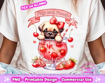 Möpse und Punch PNG, Punch Cocktail Liebhaber Mops Welpen PNG Digital Download, lustiger Mops Hund Social Club Sublimation Design T-Shirt Png Mops Becher