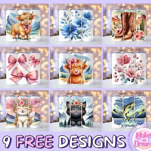 May include: Nine free designs for sublimation tumblers. The designs feature a variety of themes, including floral, animal, and nature. The designs are perfect for creating unique and personalized tumblers.
