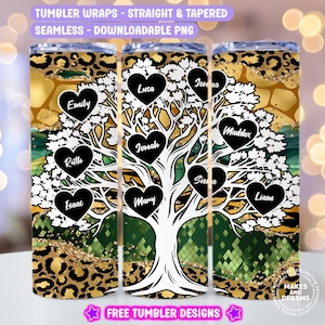 May include: A digital download of a seamless, printable tumbler wrap featuring a gold and green tree with names on each leaf. The names include Jenna, Luca, Emily, Maddex, Jonah, Ruth, Siena, Isaat, Many, and Liam.