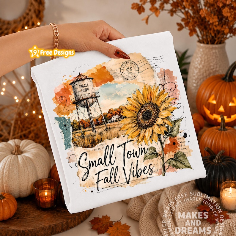 May include: A white fabric surface featuring a watercolor-style graphic of a water tower, a large yellow sunflower, and the text Small Town Fall Vibes. The design includes orange, brown, and teal paint splatters with a vintage postmark stamp.