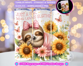 Just a Girl who Loves Sloths Tumbler Wrap, Cute Sloth Floral Sunflower 20oz Skinny Tumbler Sublimation Design PNG, Sloth Design Sublimation