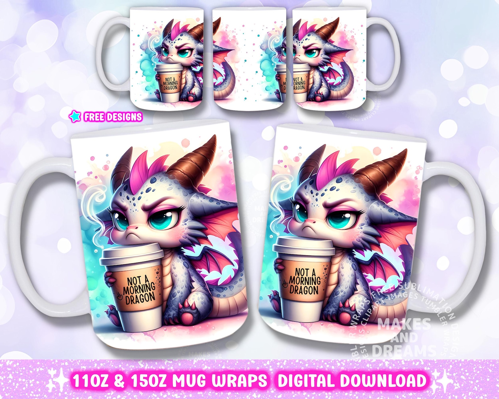 Funny Dragon Coffee Mug PNG 11oz 15oz Mug Wrap Designs Quirky Dragons ...