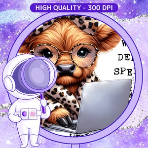 May include: A cartoon illustration of a Highland cow wearing glasses and a leopard print scarf, sitting at a laptop computer. The cow is looking at the screen and has a serious expression on its face. The background is a purple and silver galaxy.