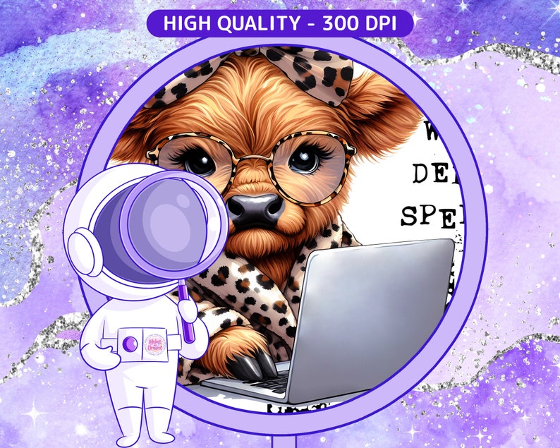 May include: A cartoon illustration of a Highland cow wearing glasses and a leopard print scarf, sitting at a laptop computer. The cow is looking at the screen and has a serious expression on its face. The background is a purple and silver galaxy.
