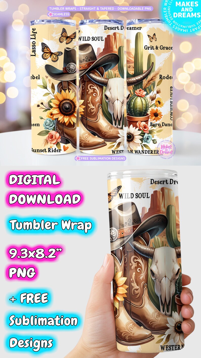 Cowgirl Tumbler Wrap 20oz Skinny Tumbler Sublimation Design PNG, Rustic ...