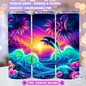 May include: A digital design featuring a vibrant sunset with palm trees and a dolphin jumping out of the water. The design is perfect for creating custom tumblers.