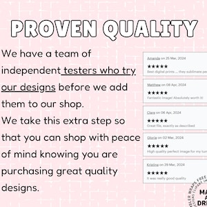 May include: A pink background with the words "PROVEN QUALITY" in large, bold letters. Text below describes the design process and customer reviews. Customer reviews are displayed in a list with star ratings.