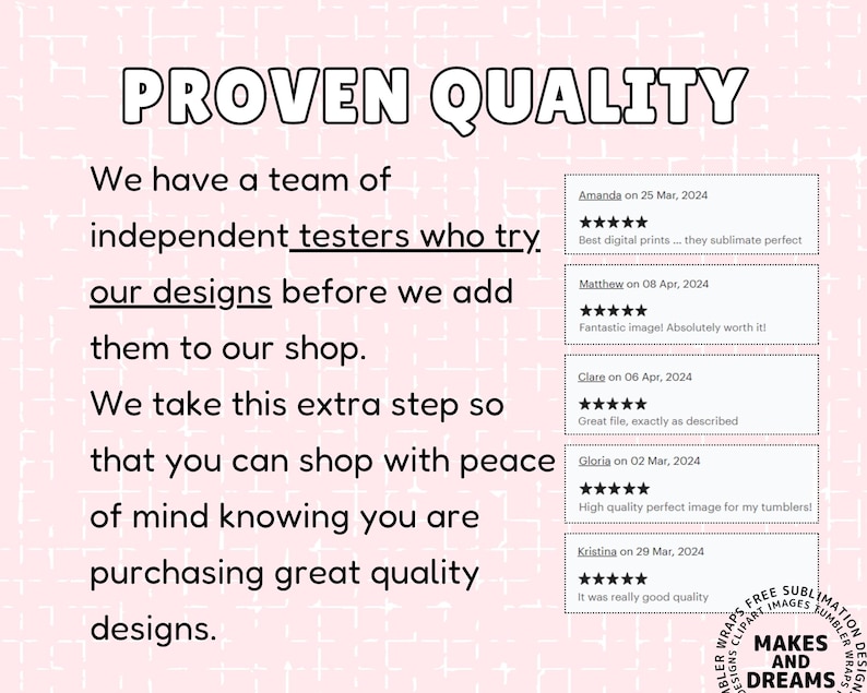 May include: A pink background with the words "PROVEN QUALITY" in large, bold letters. Text below describes the design process and customer reviews. Customer reviews are displayed in a list with star ratings.