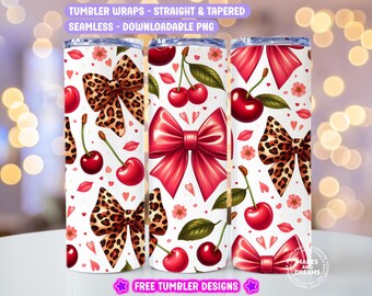 Envoltura para vaso con estampado de cereza y guepardo, vaso delgado de 20 oz con estampado de leopardo, diseño de sublimación, cereza sin costuras, descarga digital PNG