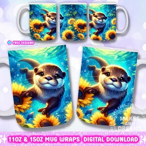 May include: A digital download of two mug wrap designs featuring a cartoon otter swimming in a blue ocean with yellow sunflowers. The designs are for 11oz and 15oz mugs.