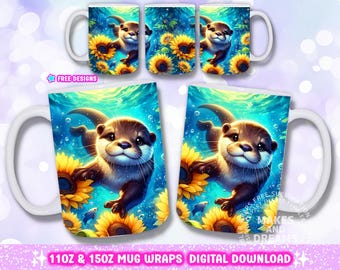 Otter Sunflowers Png Cute Otter Mug Wrap 11oz 15oz Mug Sublimation Designs, Wildlife Mug Design Sunflowers Mug Png Sea Otter Png Coffee Mug