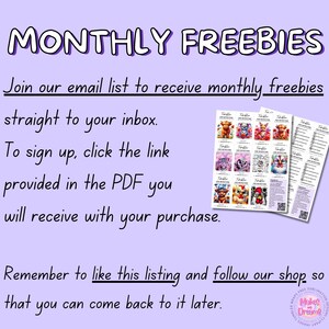 May include: A purple and white graphic with the text "MONTHLY FREEBIES" and instructions to join an email list to receive monthly freebies. The graphic also includes a small image of a PDF document with colourful illustrations.